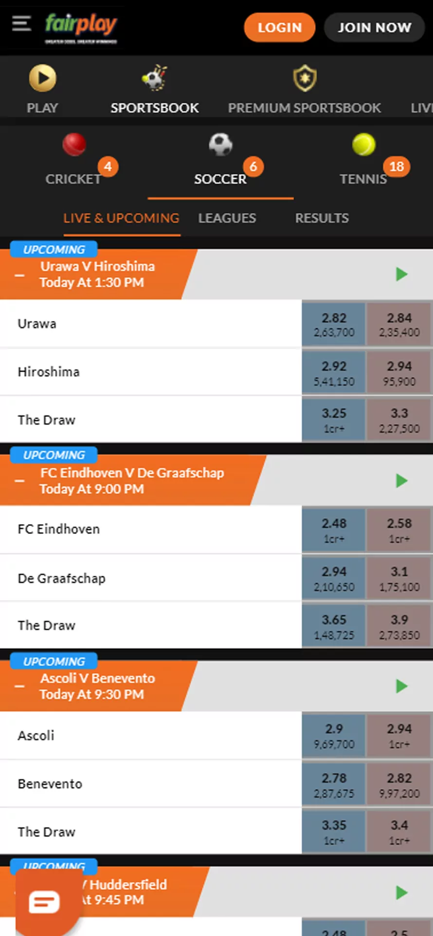 The sports betting section of the Fairplay app.