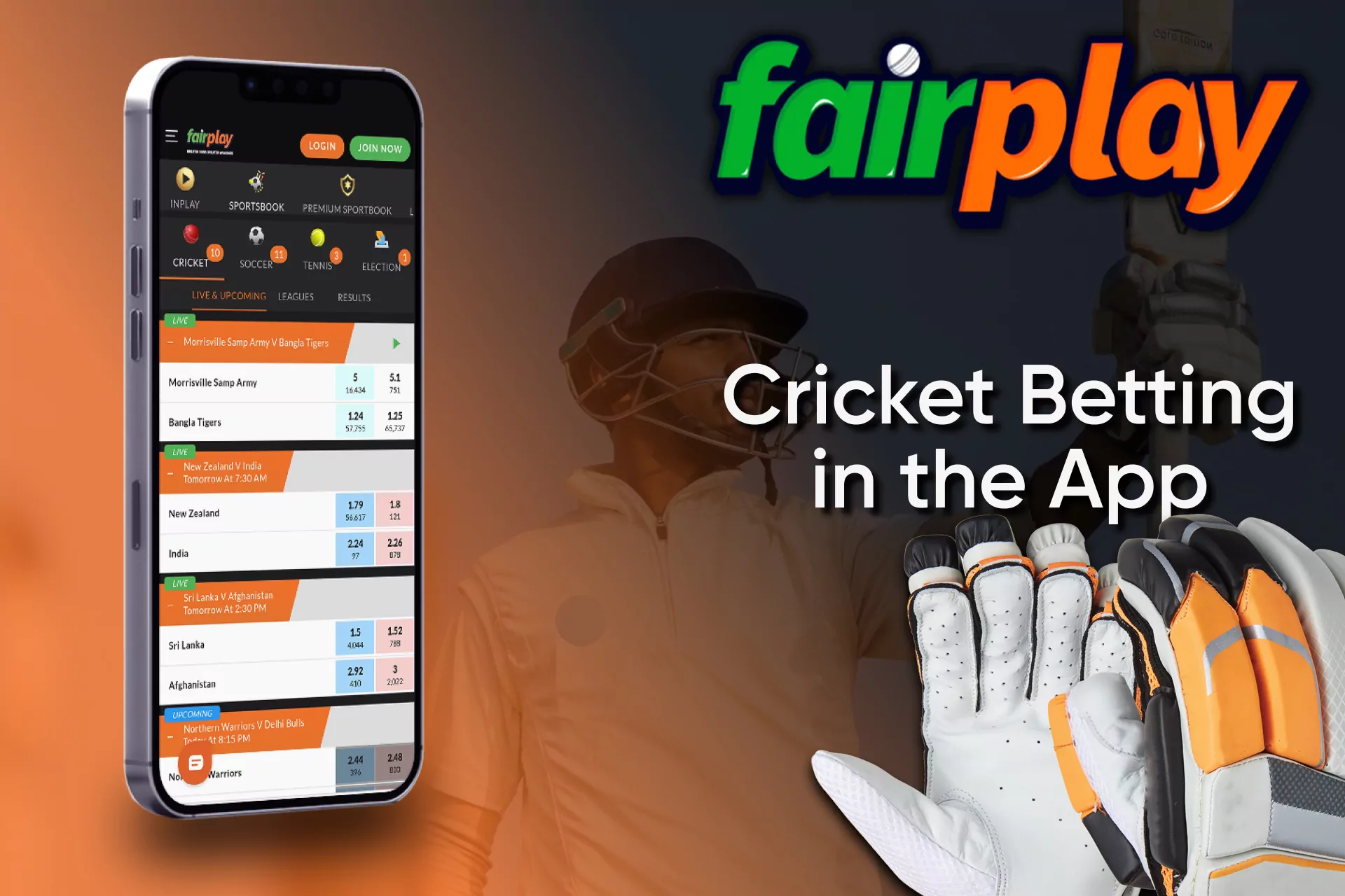 In the Fairplay app, you can bet on cricket matches as well as on the site.